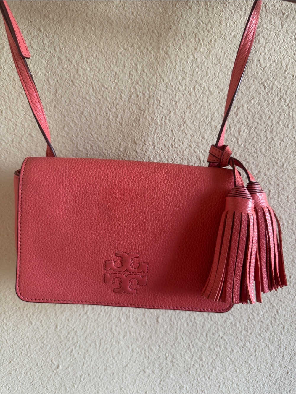 Tory Burch Coral Pink Pebbled Leather Tassel Crossbody